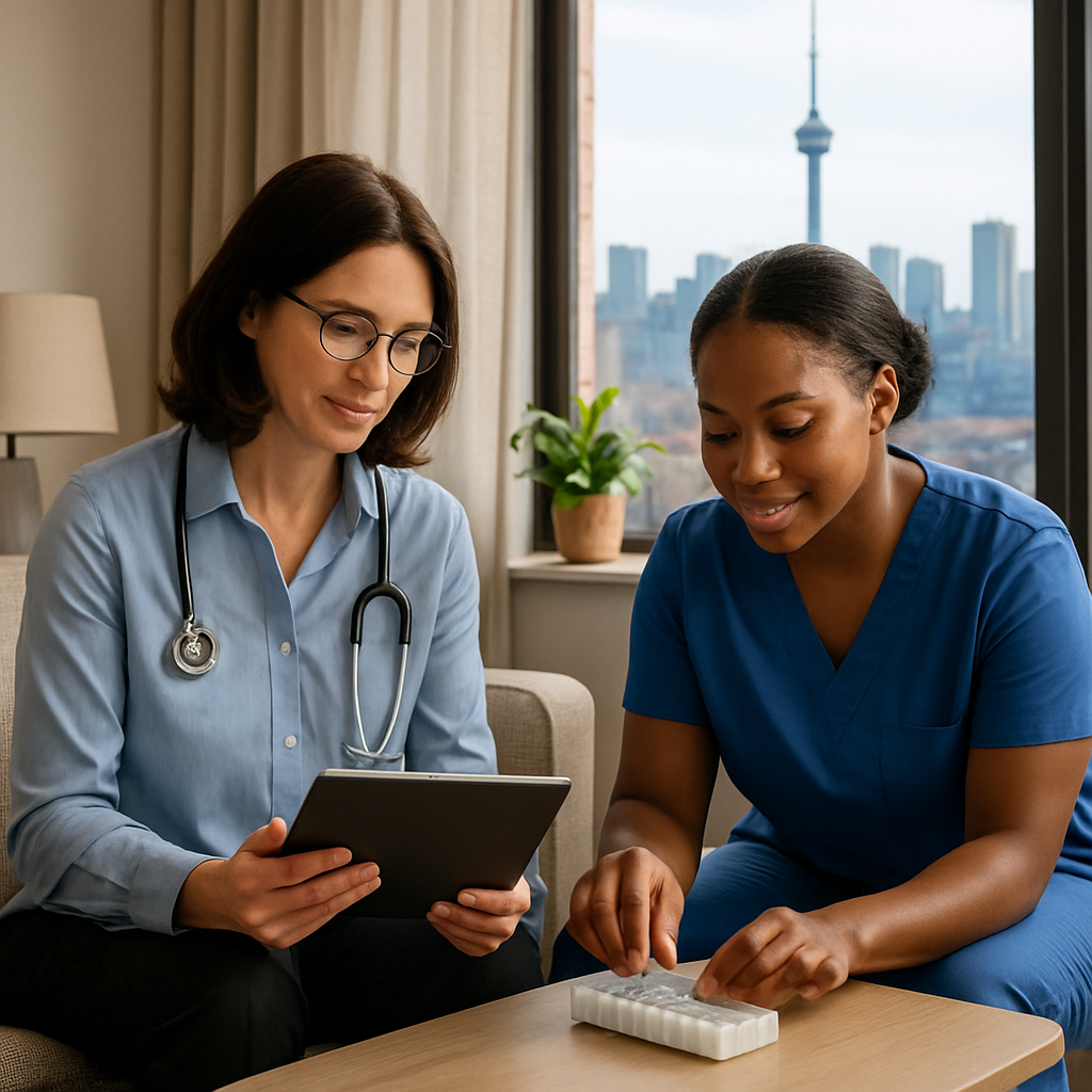 A professional, photo-realistic image of a community nurse and a personal support worker conducting