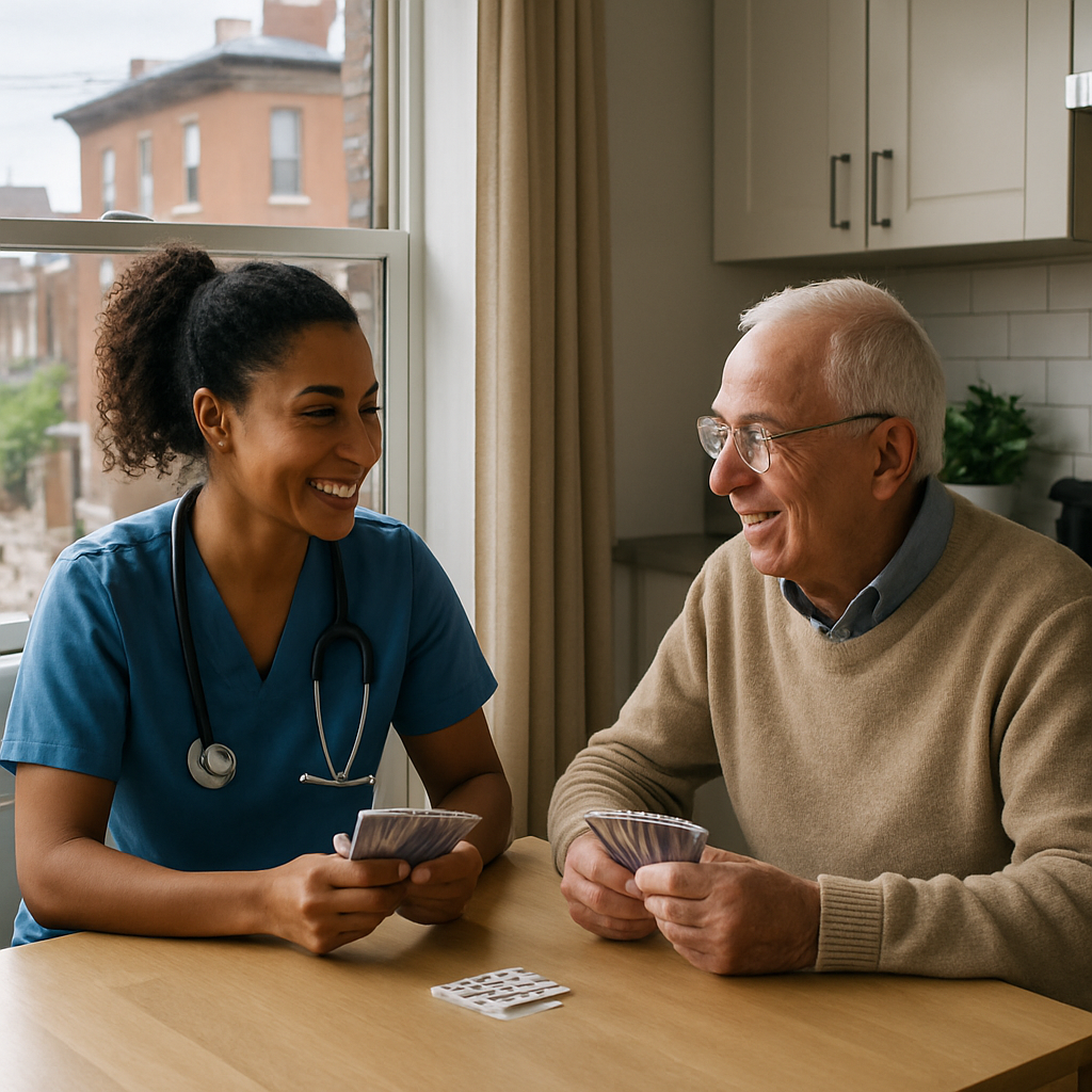 Photo realistic scene of a caregiver and an older adult in a tidy Toronto apartment sitting at a kit