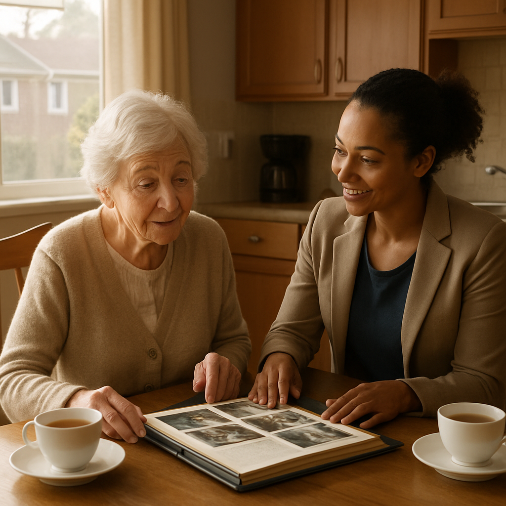 Photorealistic image of a companion gently engaging an older woman at a kitchen table with tea and a