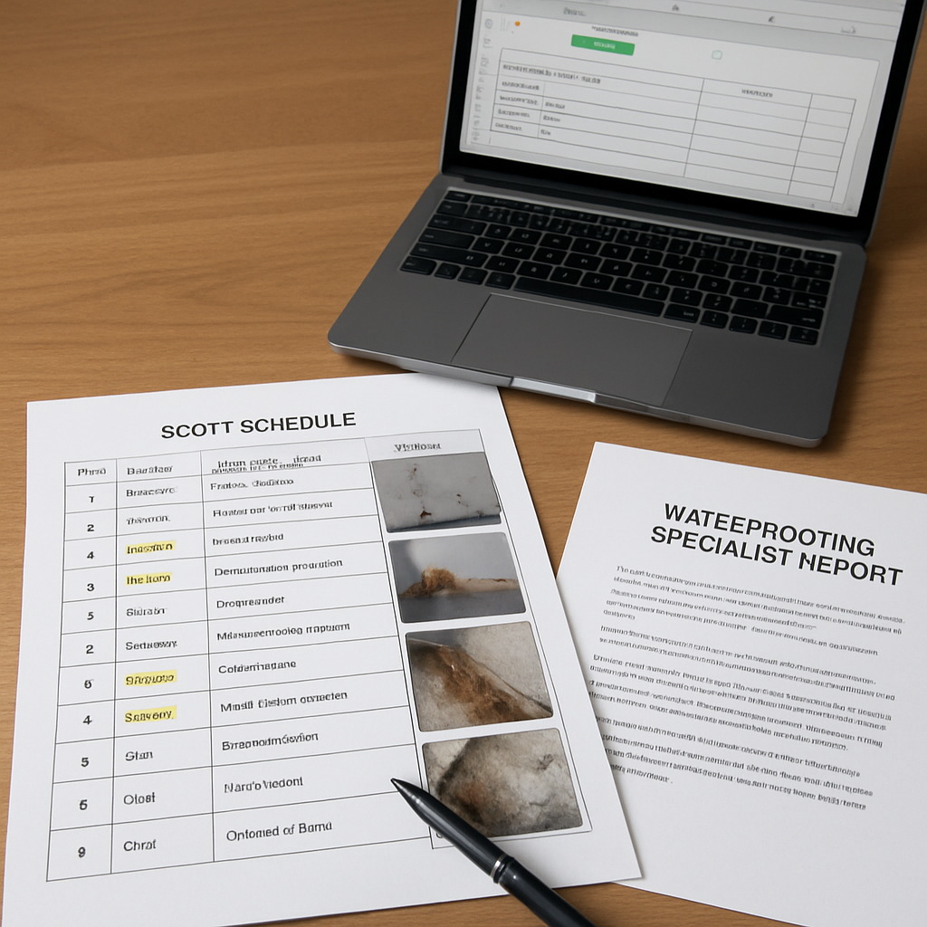 Photorealistic image of a printed Scott Schedule on a desk with labelled photos and a waterproofing