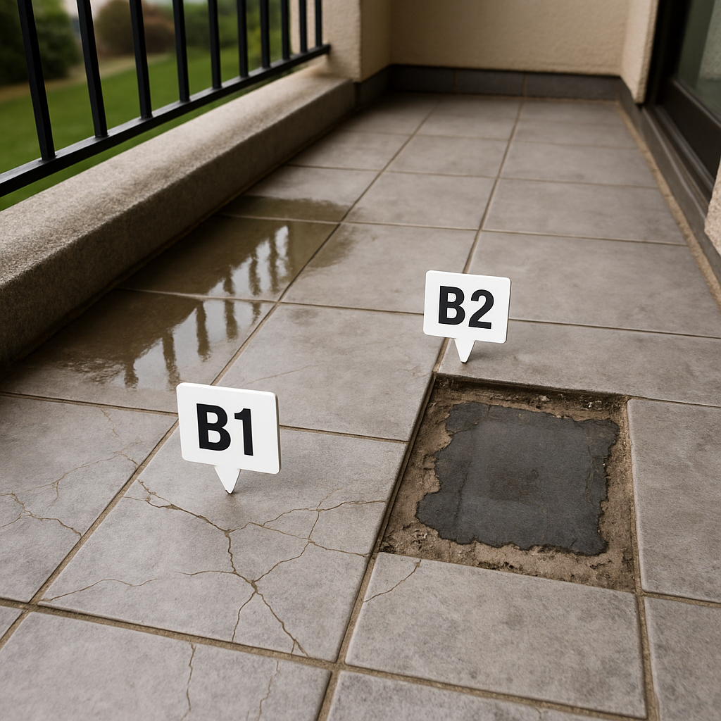 Close-up photo realistic image of a second-floor balcony with cracked ceramic tiles, visible ponding