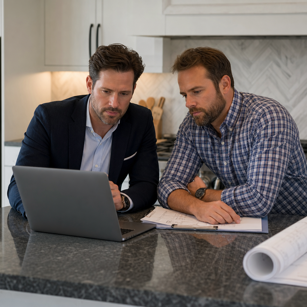 Photo realistic image of a real estate investor and contractor reviewing a rehab budget and loan wor