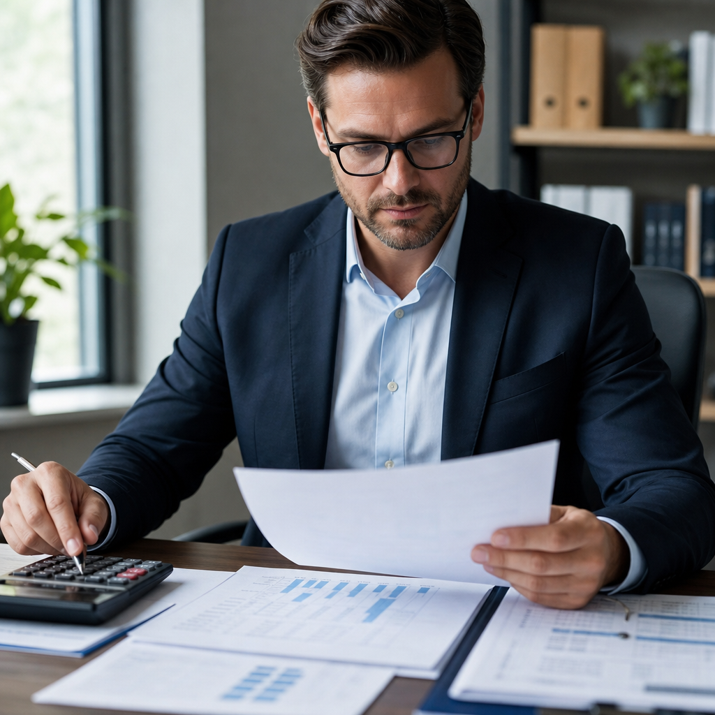Photo realistic image of an investor reviewing a loan estimate at a desk with printed draw schedule