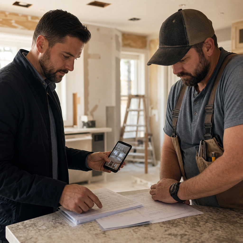 Photo realistic image of a real estate investor reviewing loan documents and a rehab budget on site