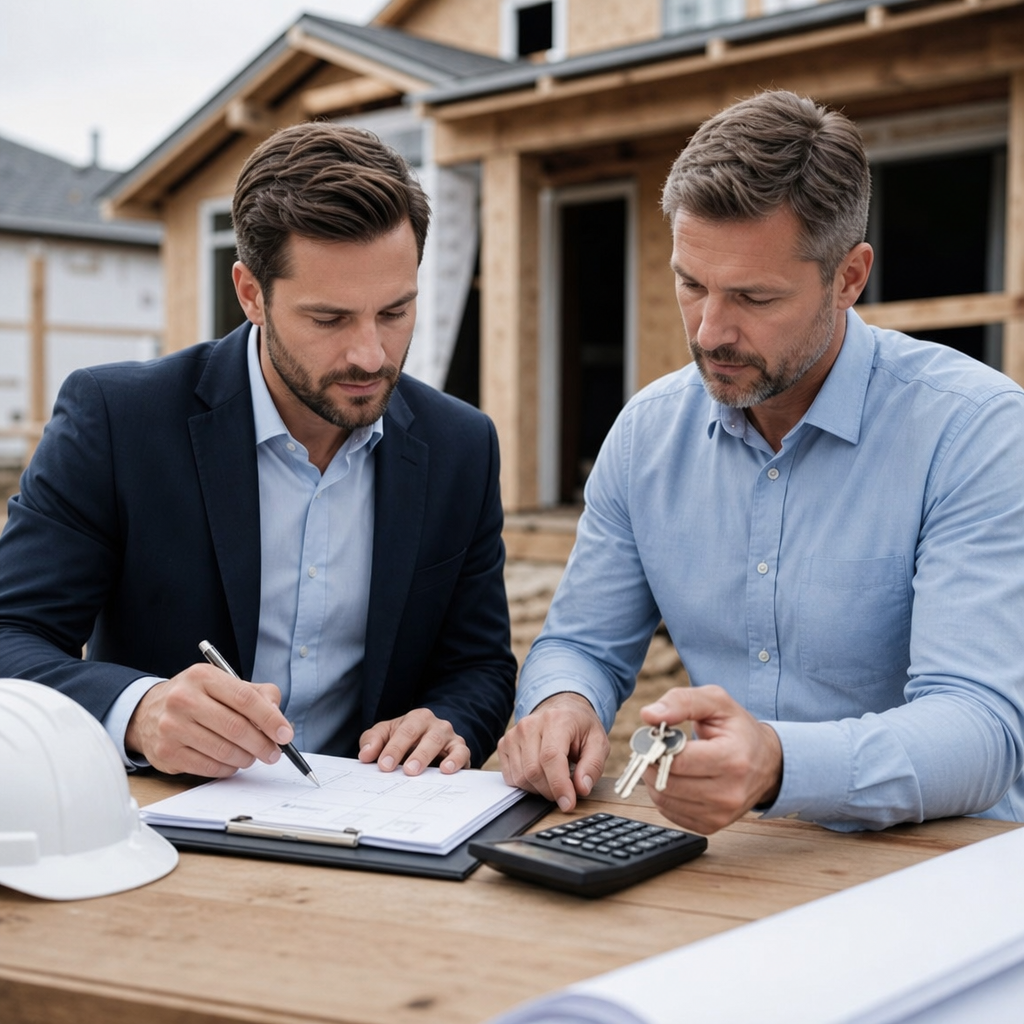 Photo realistic image of a real estate investor and loan officer reviewing a property file and keys