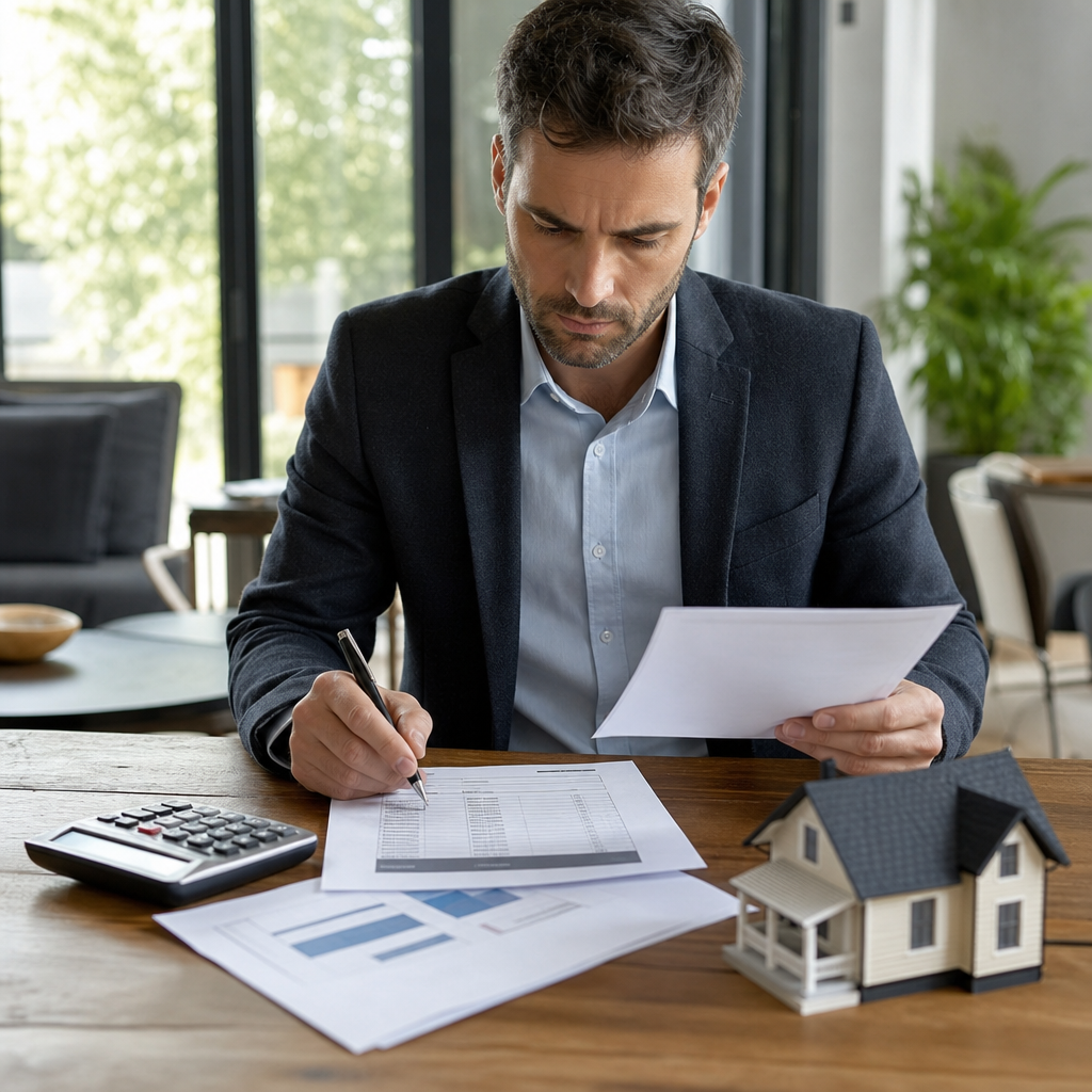 Photorealistic image of a real estate investor at a table with a printed rehab budget, loan term she