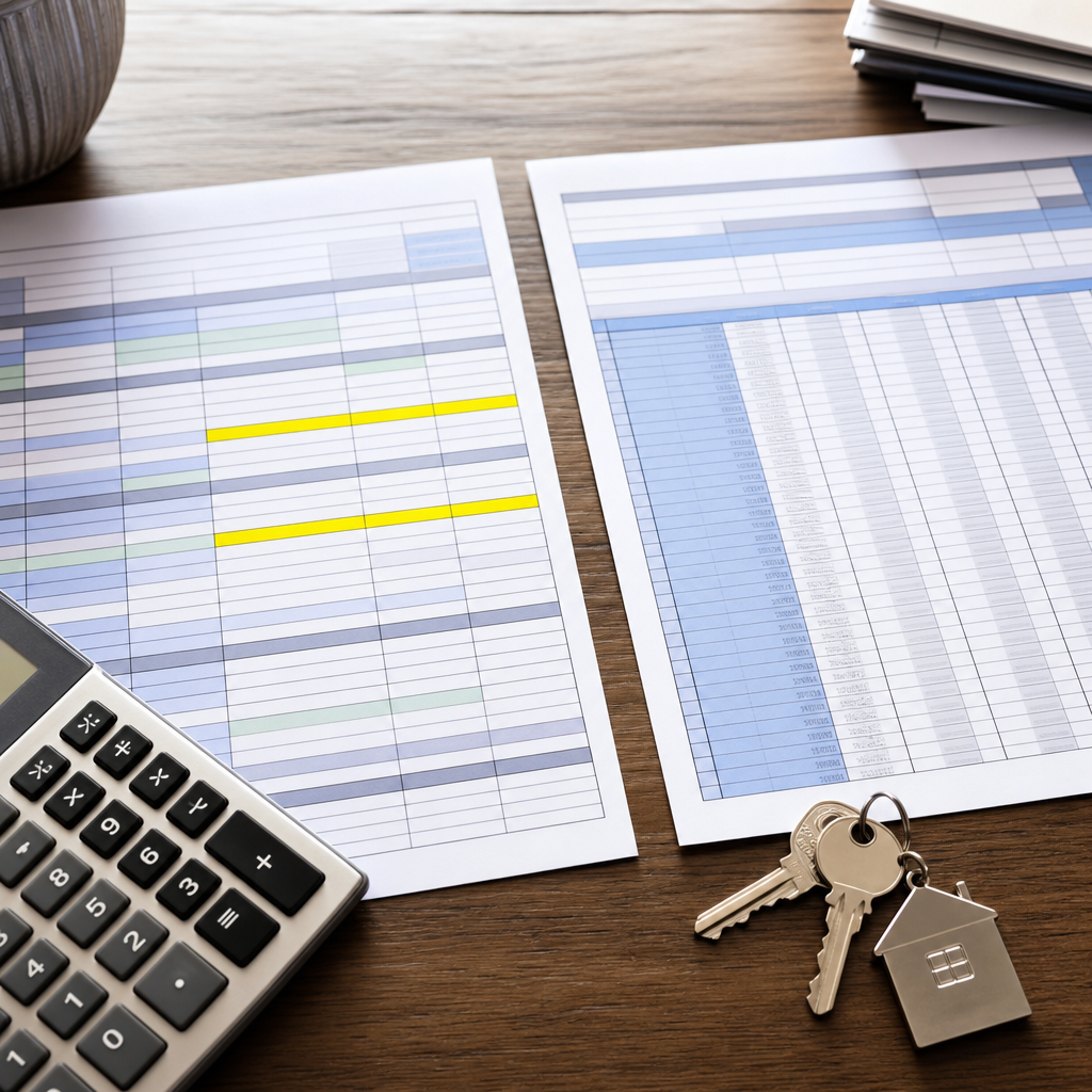 Photo-realistic image of two side-by-side spreadsheets on a table: one labeled hard money costs with