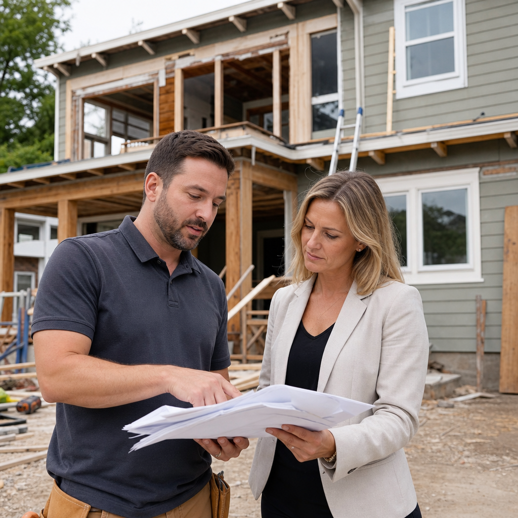 Photorealistic image of a loan officer and real estate investor reviewing a detailed rehab budget an