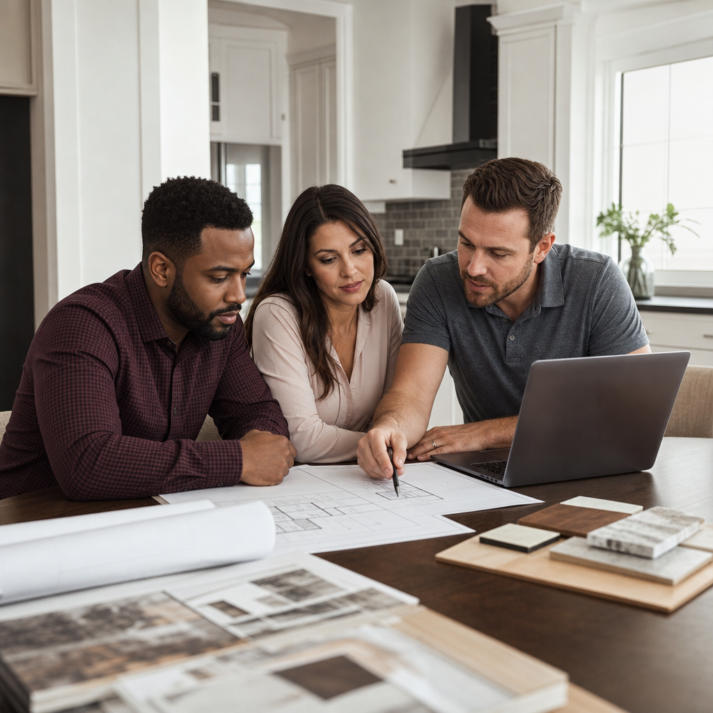 Photorealistic image of a small team of real estate investors reviewing a property rehab budget at a