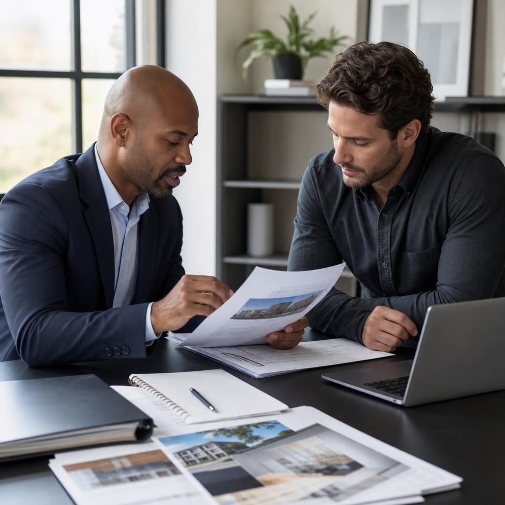 Professional photo of a property rehab meeting between a project sponsor and a representative from a