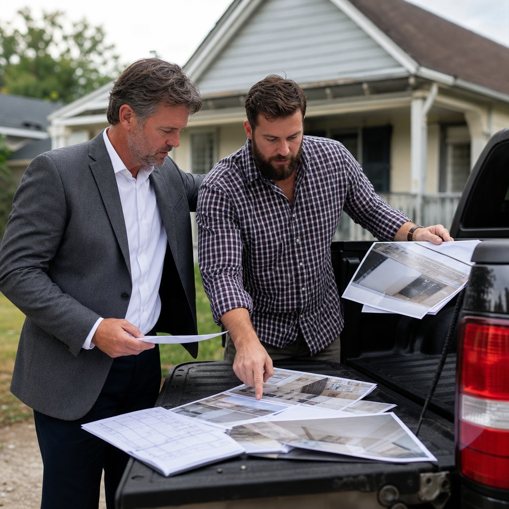 Photo realistic image of a private lender and a real estate investor reviewing a rehab budget on sit