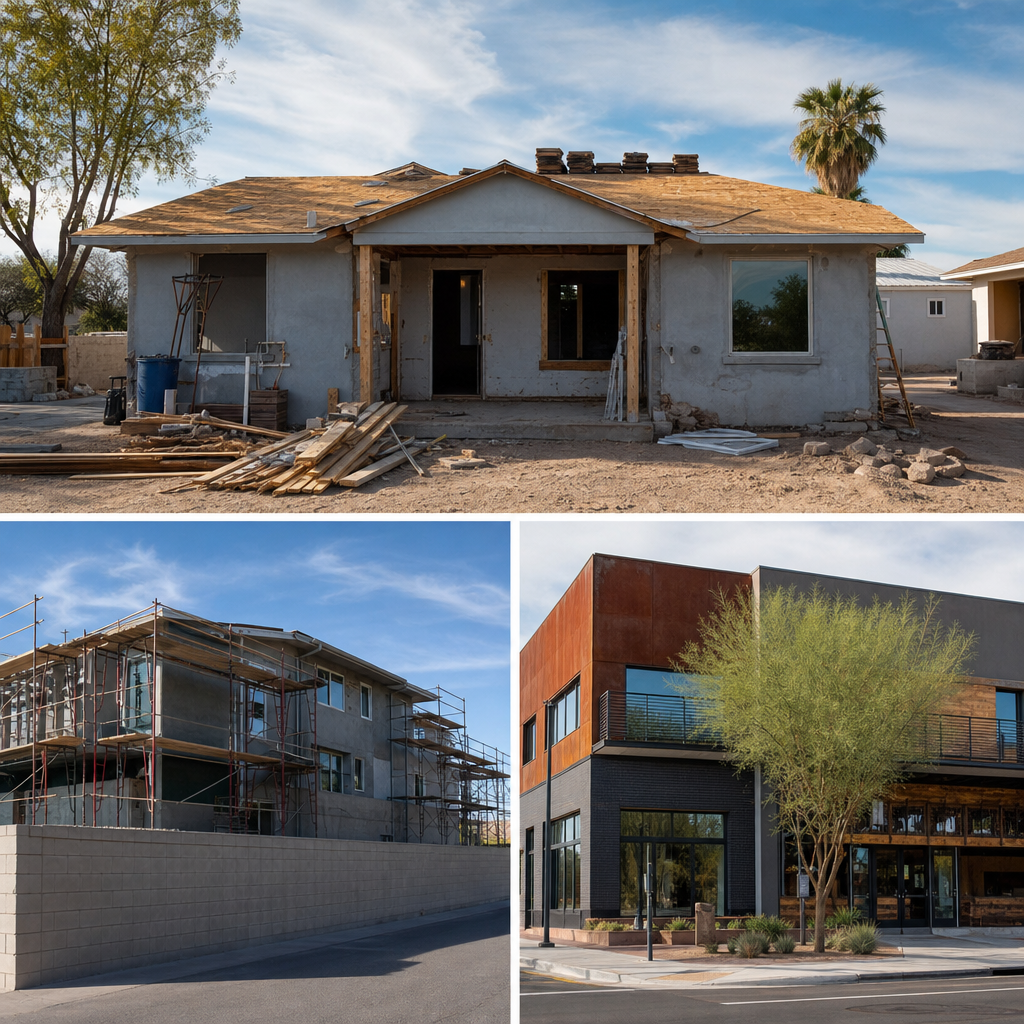Photo realistic image of a property portfolio: a distressed single family house under renovation, a