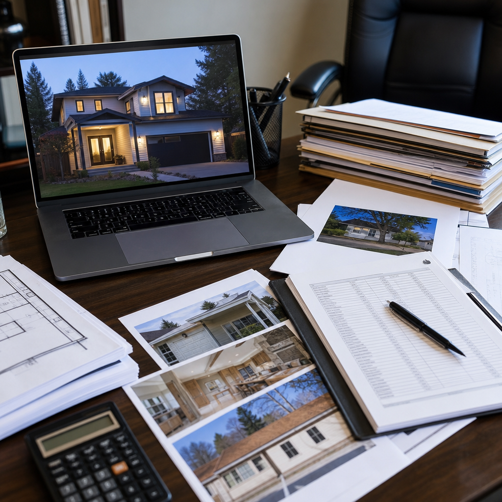 Photo realistic image of a hard money loan underwriting table: close-up of a lender's desk with ARV