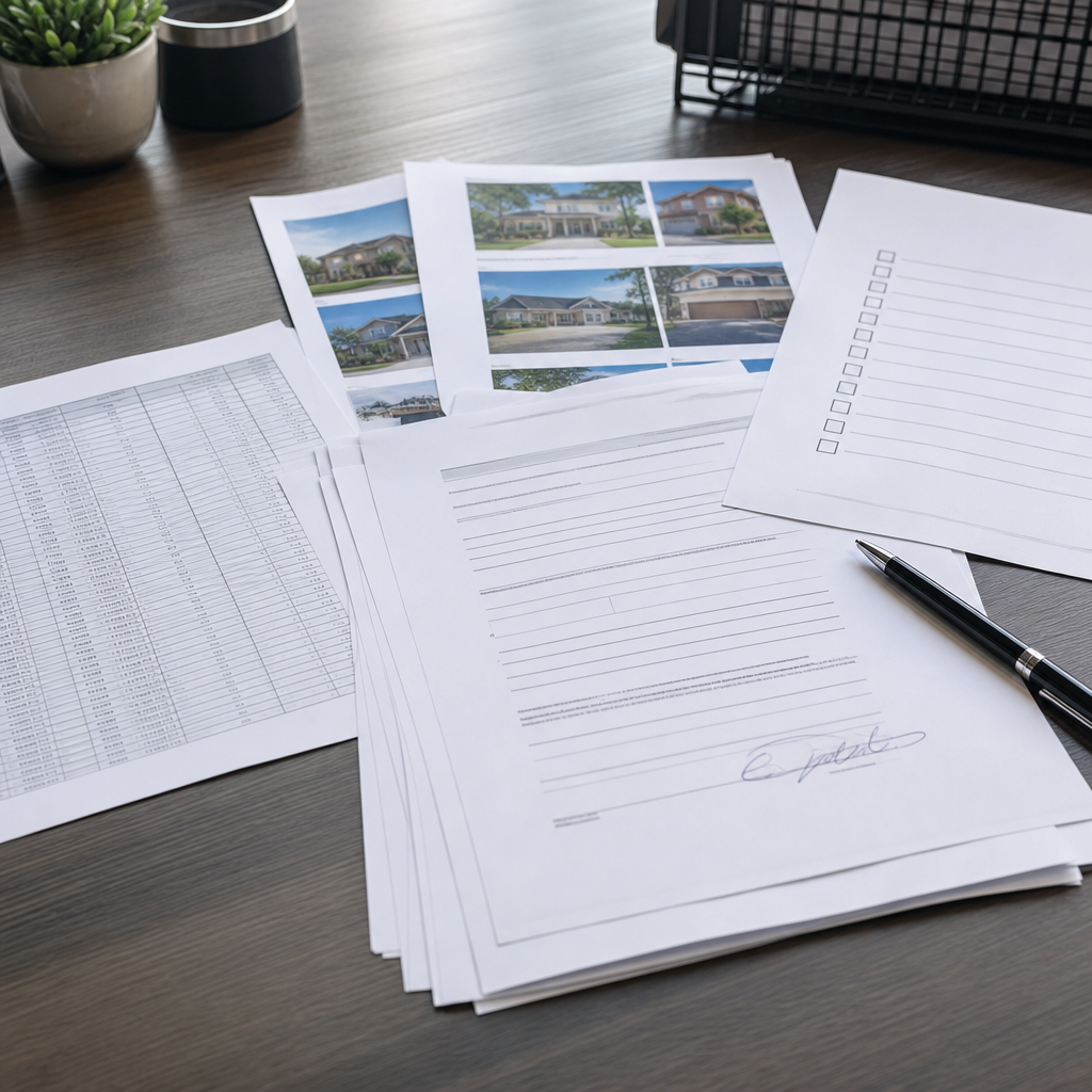 Photo realistic image of a small stack of real estate documents spread on a desk: contractor bid, ML