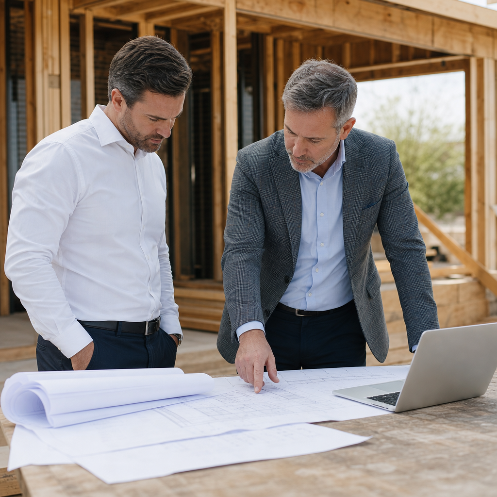 Photo realistic image of a real estate investor and a hard money lender reviewing a loan package at
