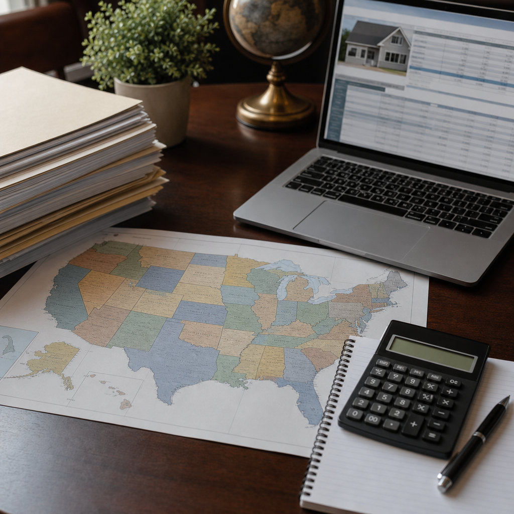 Photo realistic image of a lender desk with a map of US states, stacked compliance folders labeled l