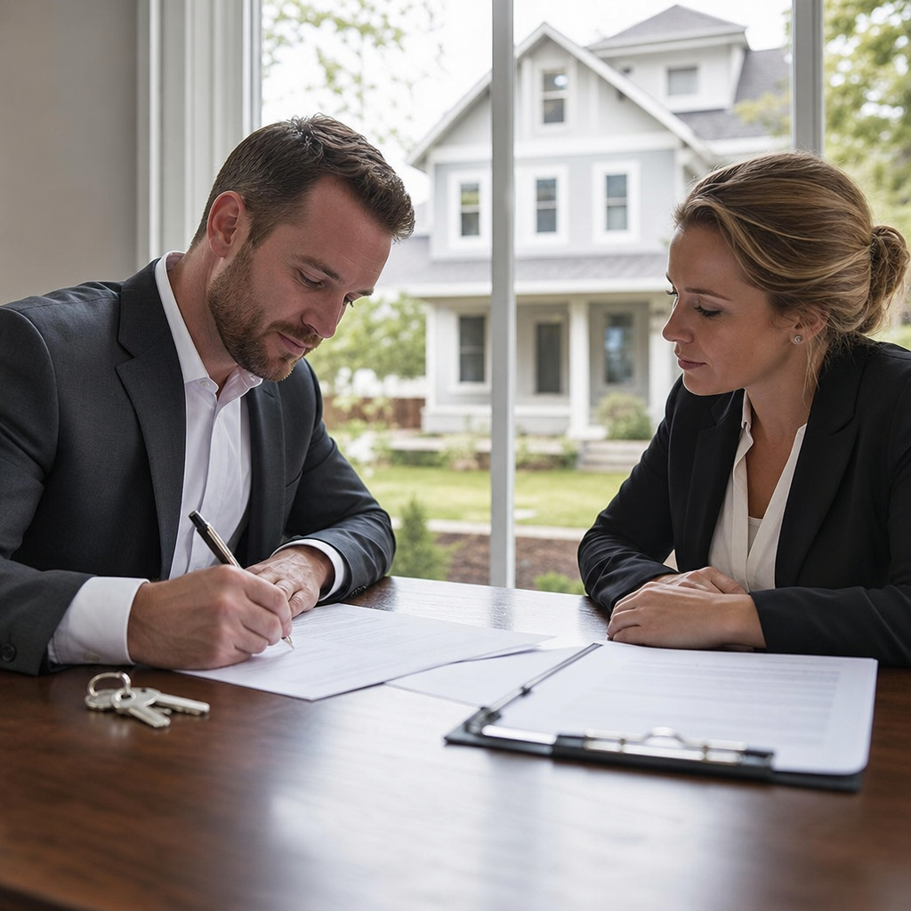 Professional investor closing on a single family rehab with a lender representative at a table, docu