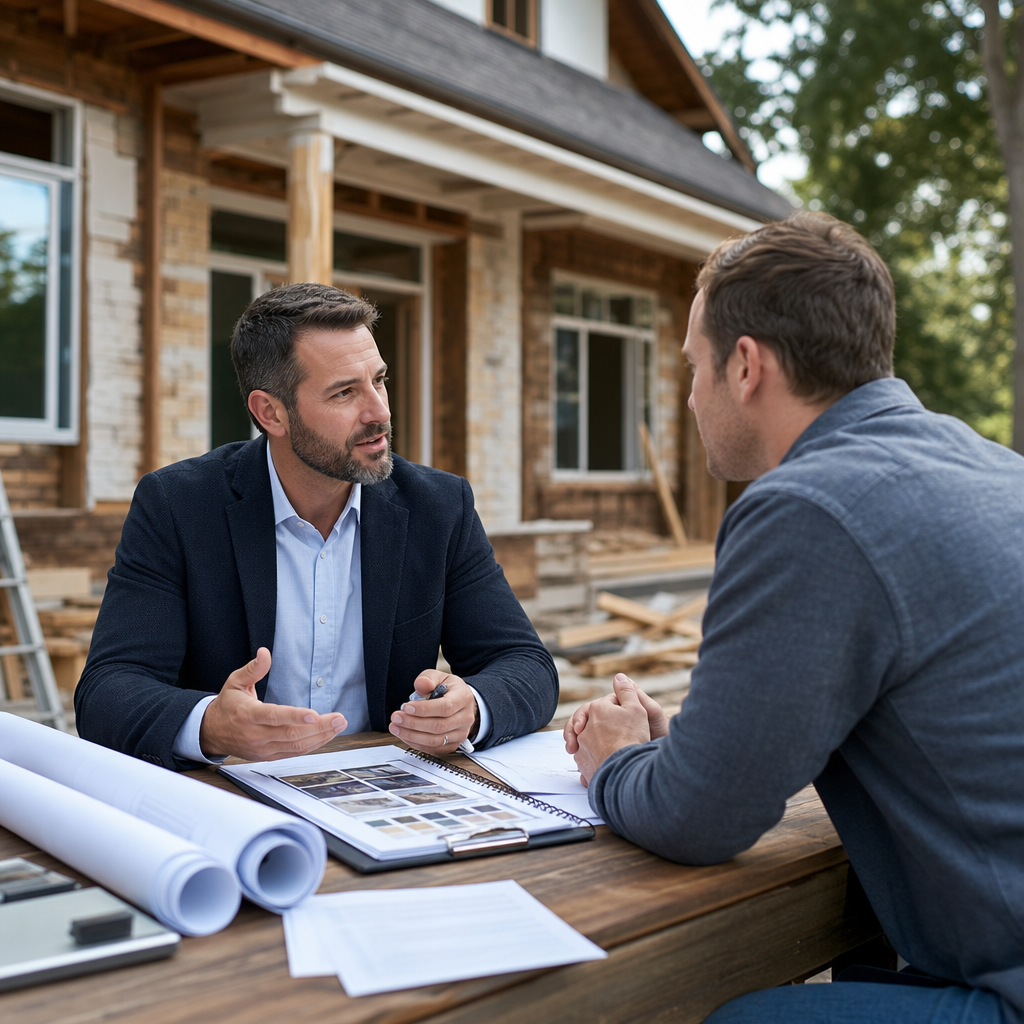 Investor meeting with a hard money lender at a renovation site, loan documents on table, clipboard w