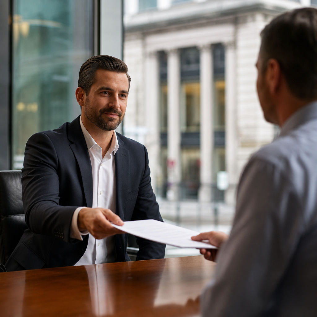 Professional photo of a commercial real estate investor handing a purchase contract to a private len
