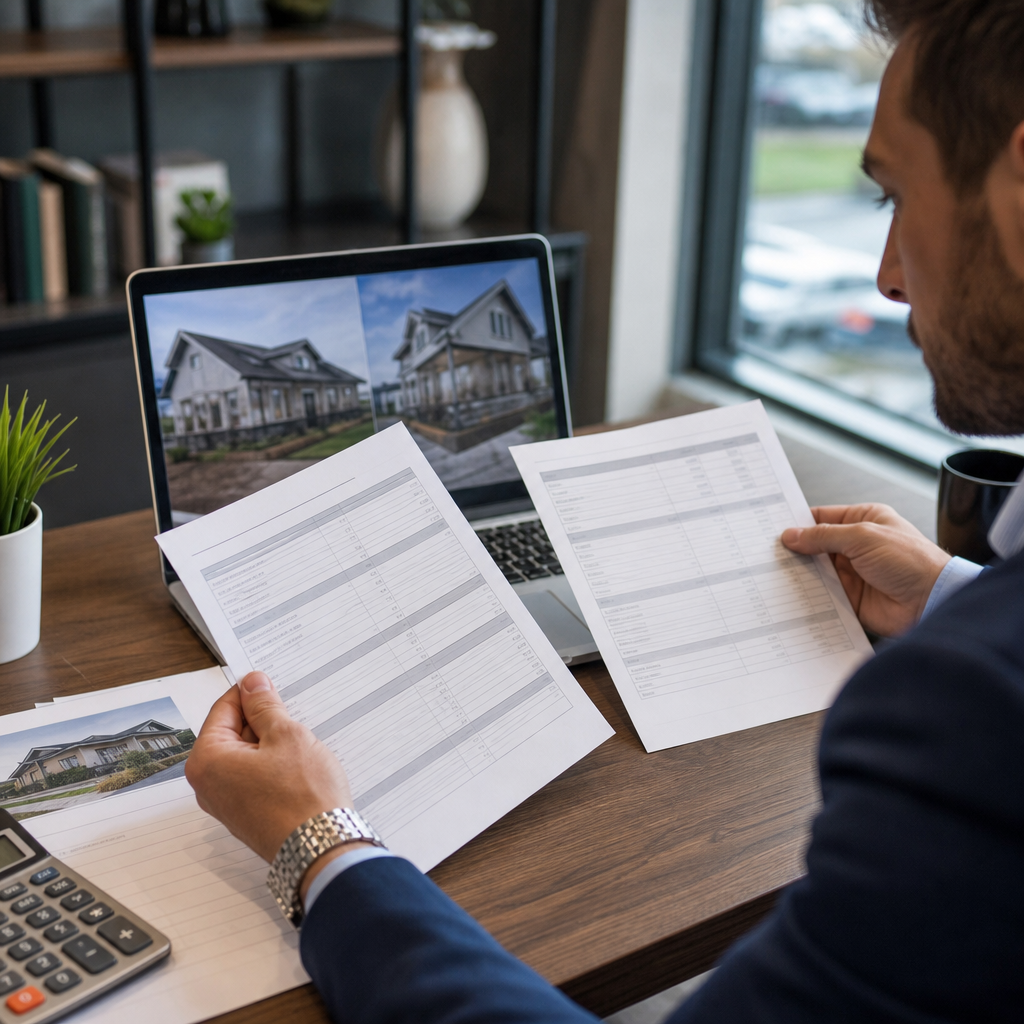 Professional photo of a real estate investor at a desk comparing two loan term sheets side-by-side