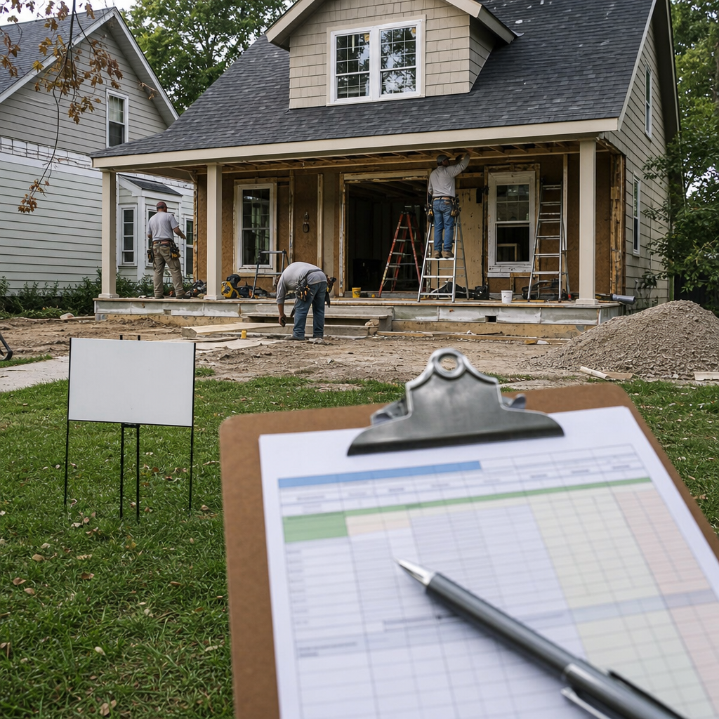 Photo realistic image of a mid renovation single family home with visible contractor crew, permit si