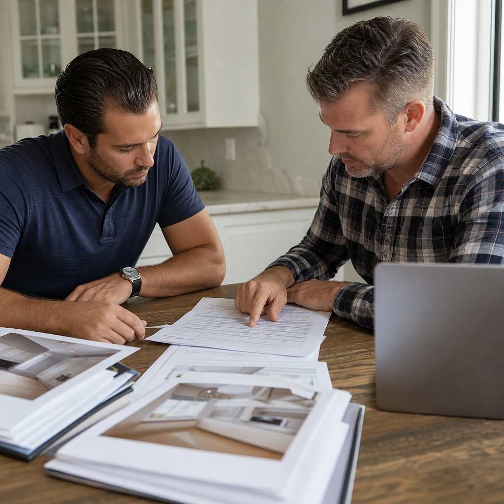 Photo realistic image of a real estate investor and a contractor reviewing printed contractor bids a