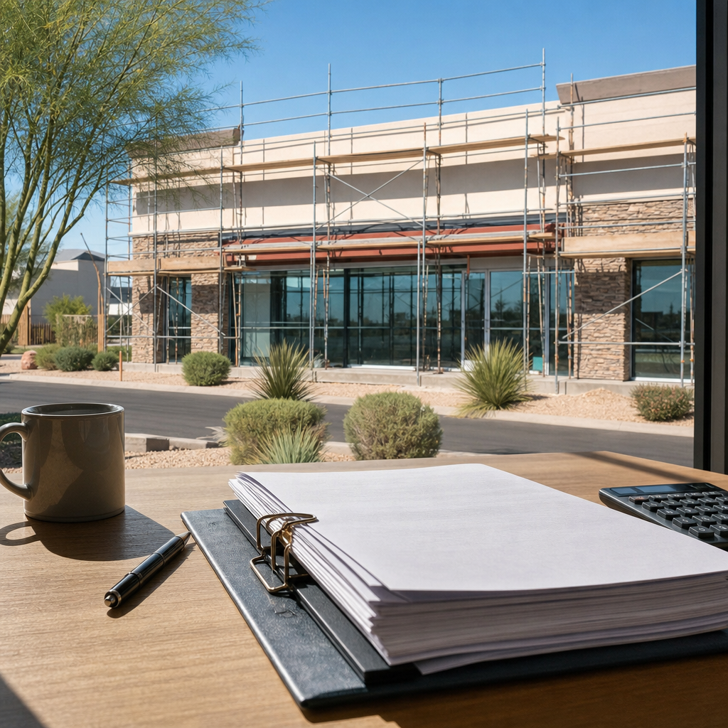 Photo realistic image of a Phoenix small retail building with scaffolding and a loan application fil