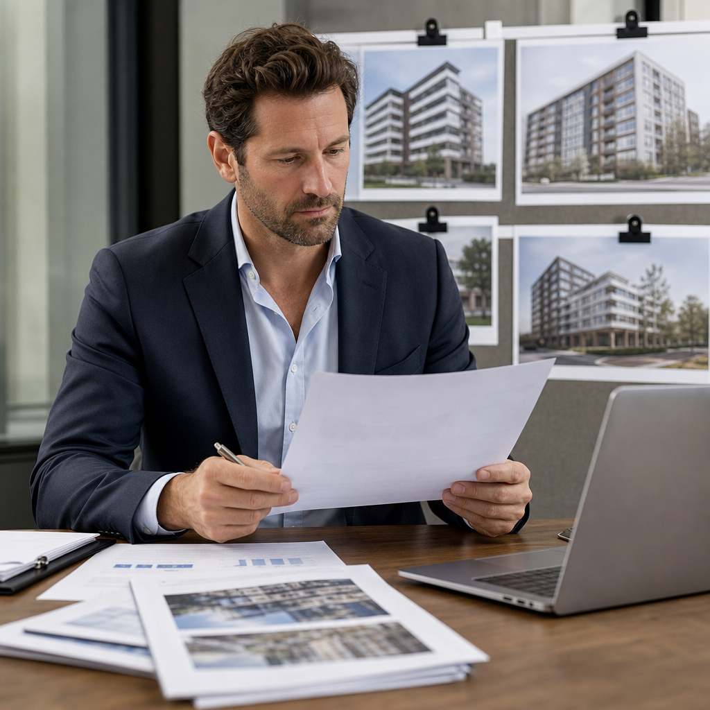 Professional photo of a commercial real estate investor reviewing term sheets at a desk with a lapto
