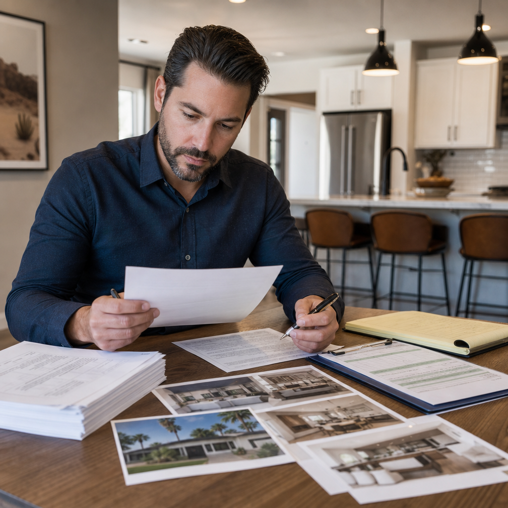 A Phoenix real estate investor reviewing a purchase contract and rehab budget at a kitchen table wit