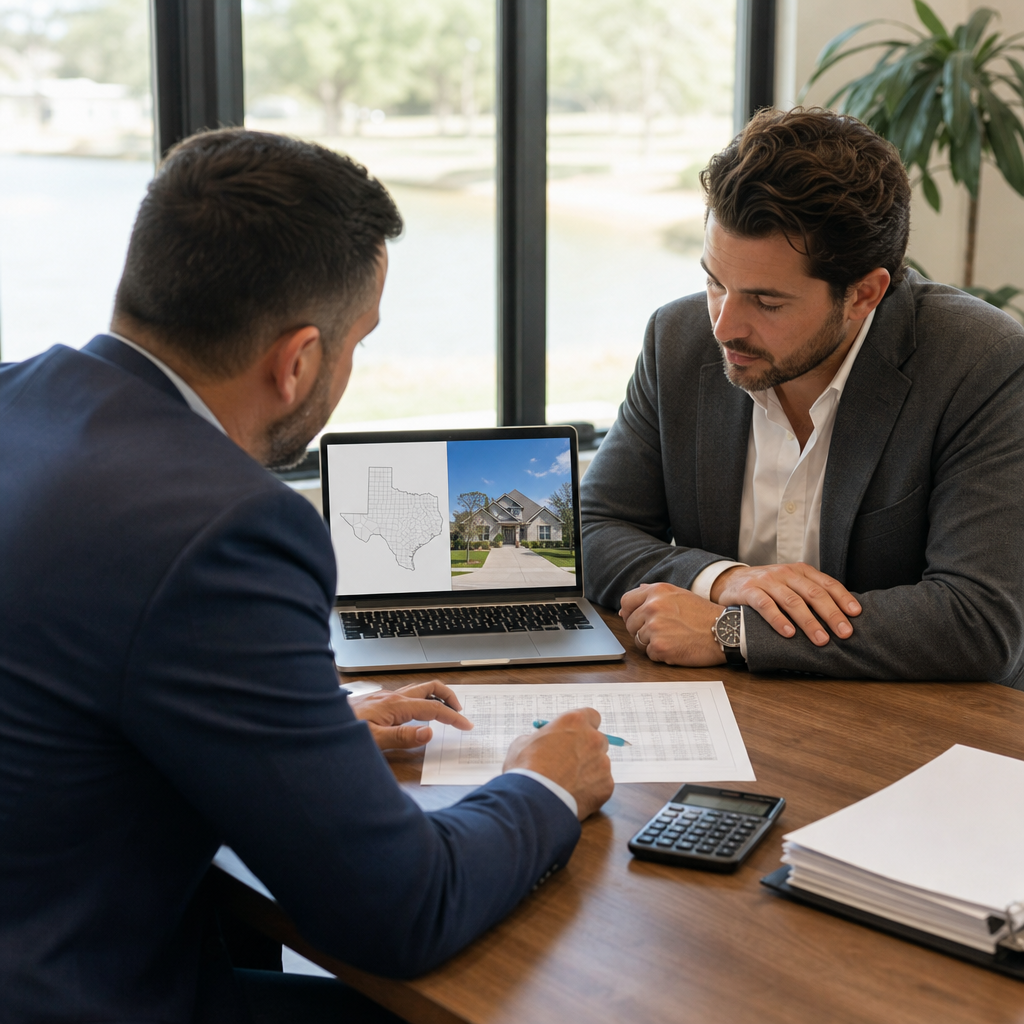Professional photo realistic image of a Texas real estate investor and private lender at a desk revi
