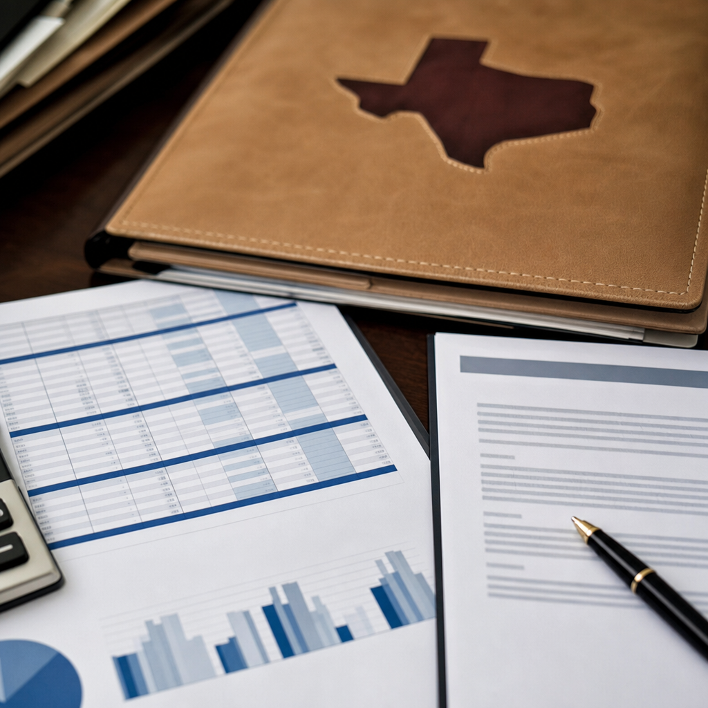 Close up of investor spreadsheet and loan term sheet on a desk with a Texas county title company fol