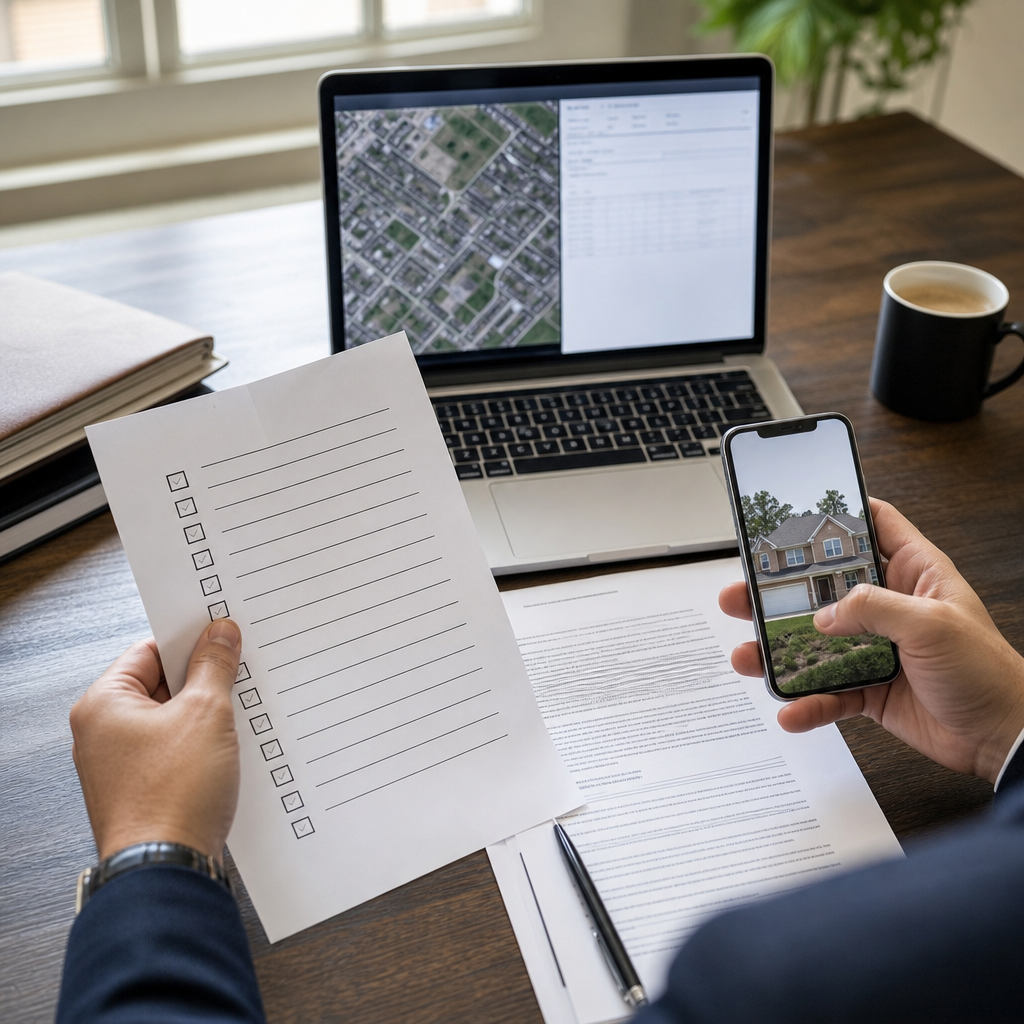Investor at a desk with laptop and printed vetting checklist, pulling up county property records and