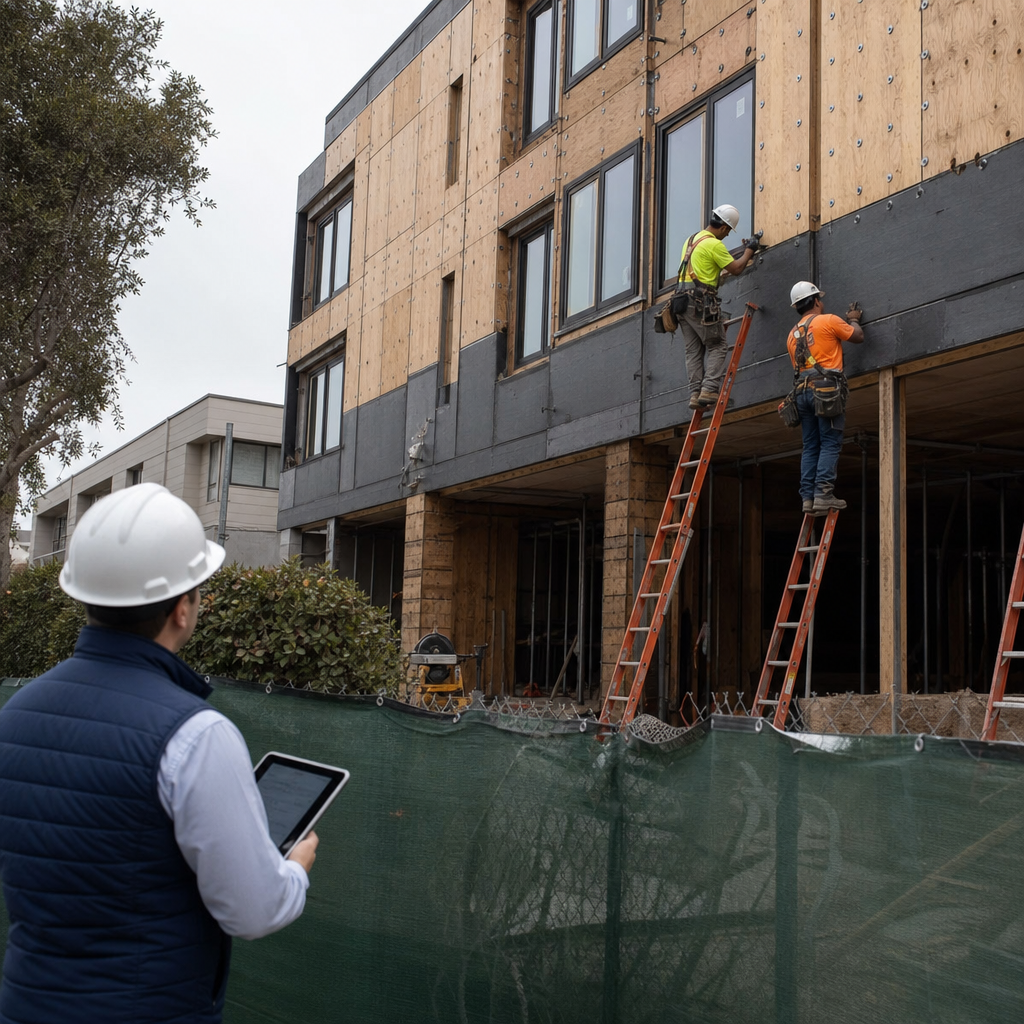 Photo realistic image of a West Coast urban rehab site with workers installing seismic bolts on a mu