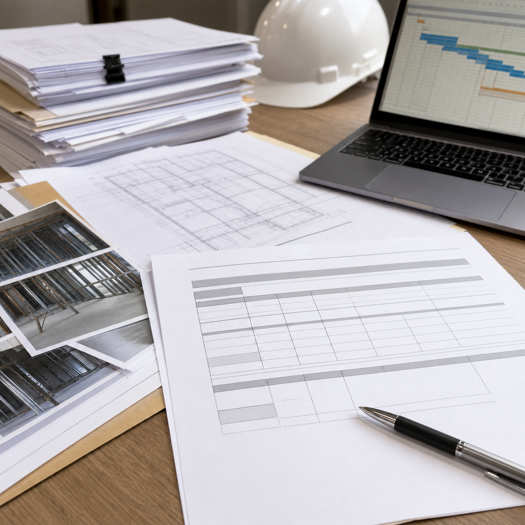 Close-up photo of a construction site office table with an AIA G702 draw form, contractor invoices