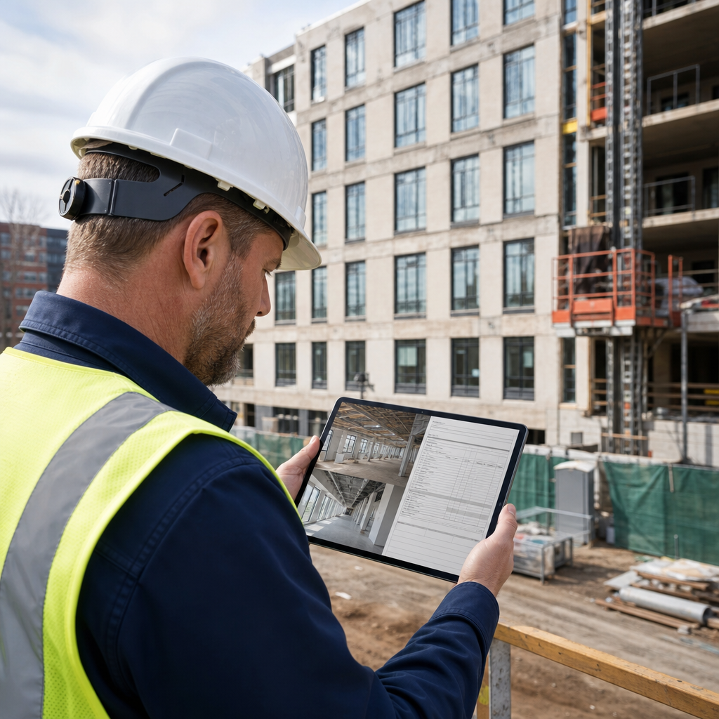 Professional inspector at a construction site reviewing progress photos and an AIA G702 pay applicat