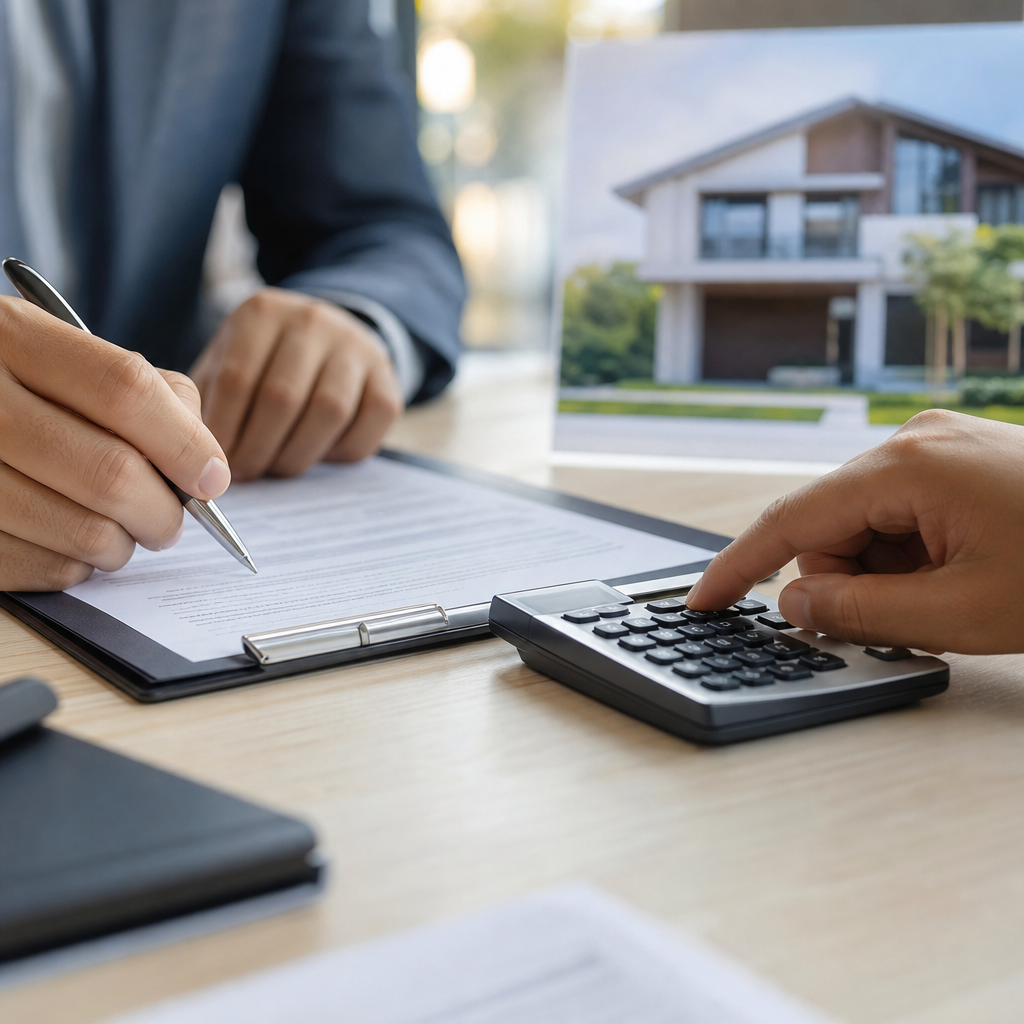 Close-up of hands on a contract and a calculator showing numbers, with a property photo in the backg