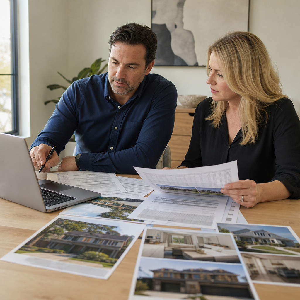 Investor and lender reviewing a rehab budget and ARV comps at a table with a laptop, printed contrac