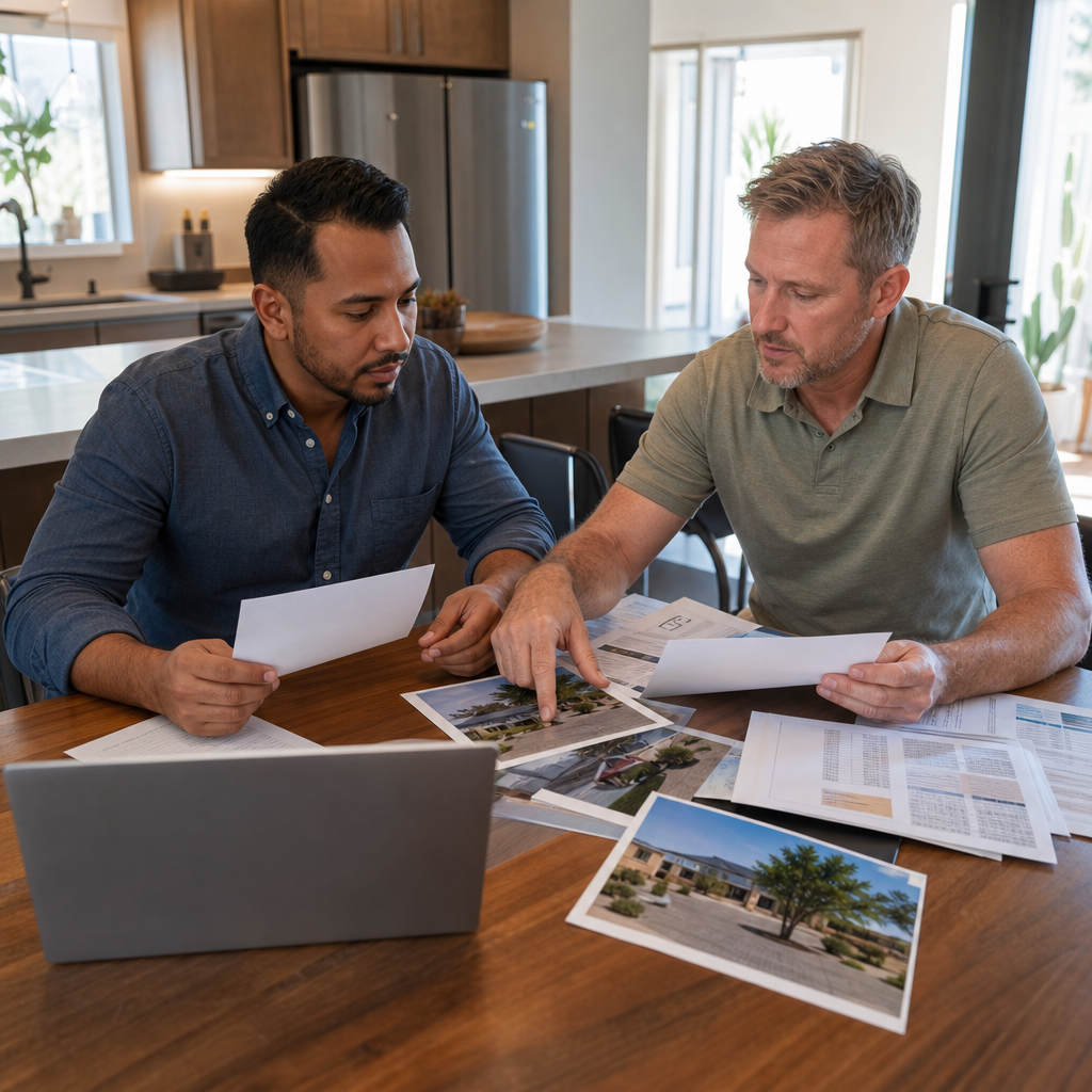 Photo realistic image of an investor and a lender at a kitchen table reviewing a property packet: co