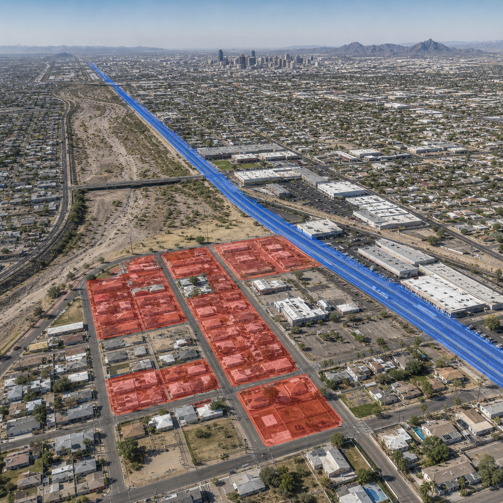 Aerial photo of a Phoenix residential neighborhood showing a mix of single family homes, nearby comm