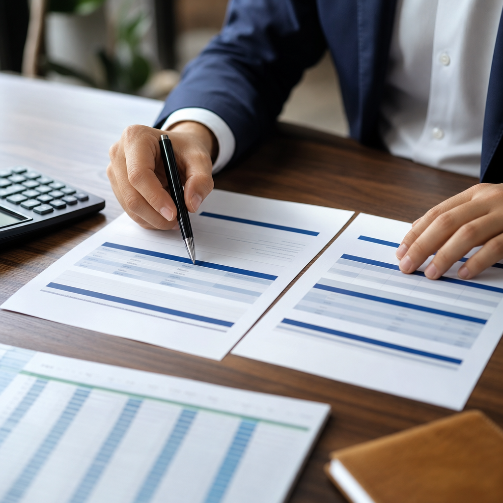 Investor at a desk comparing two hard money term sheets with a calculator and spreadsheet open, clos