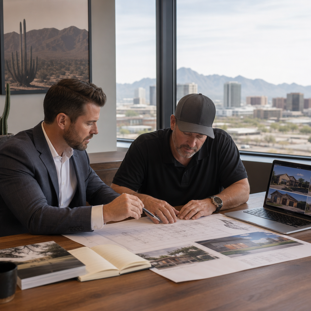 Photo realistic image of an investor in a Phoenix office reviewing hard money loan documents and reh