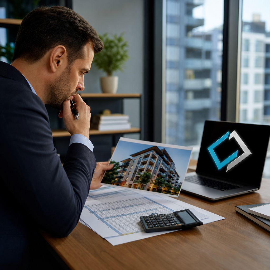 Photorealistic image of a real estate investor at a desk with a property photo, calculator, spreadsh