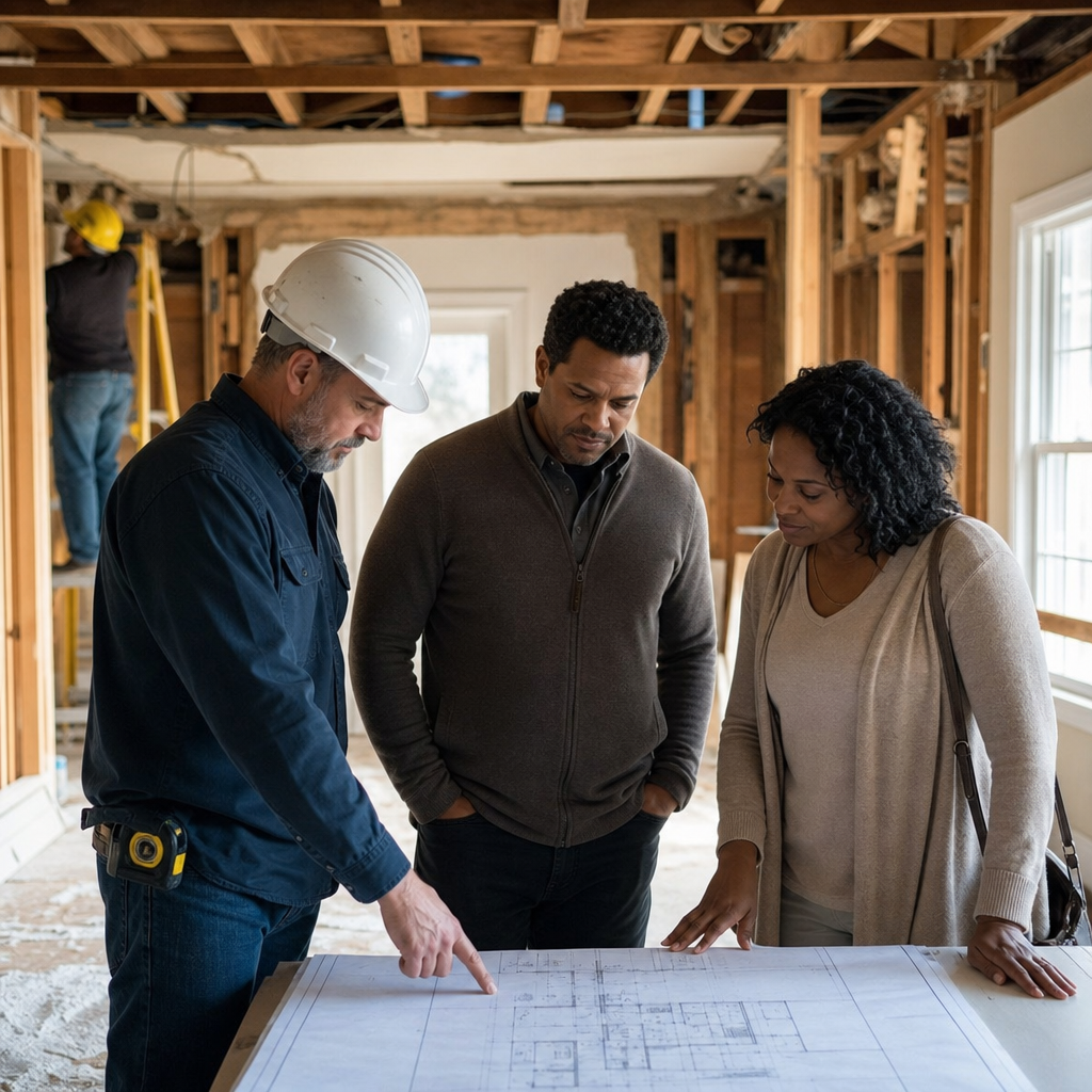 Photo of a contractor and borrower reviewing renovation plans inside a partially gutted owner-occupi