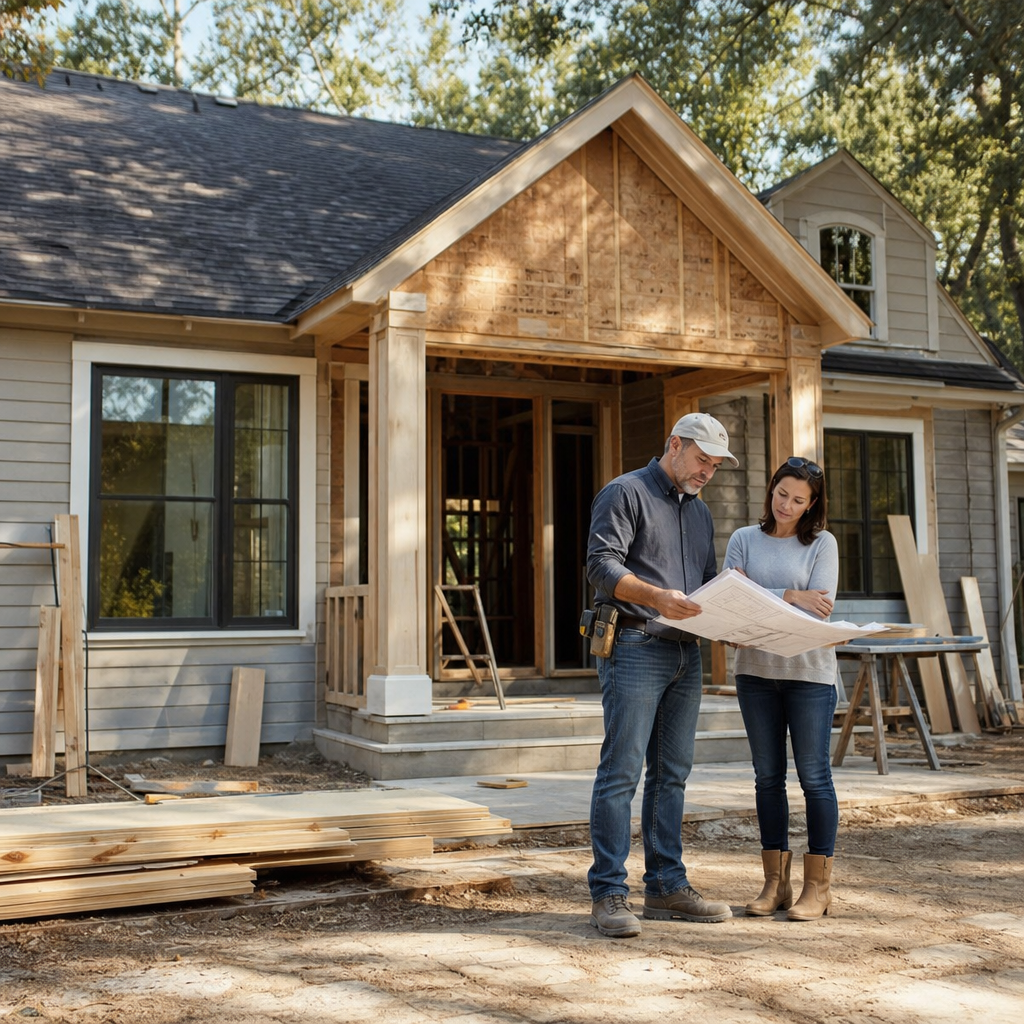Professional photo of a mid-renovation single family home exterior in Georgia with a contractor and