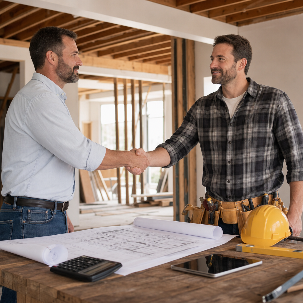 Photo realistic image of a contractor handshake over a renovation site with blueprints and a calcula