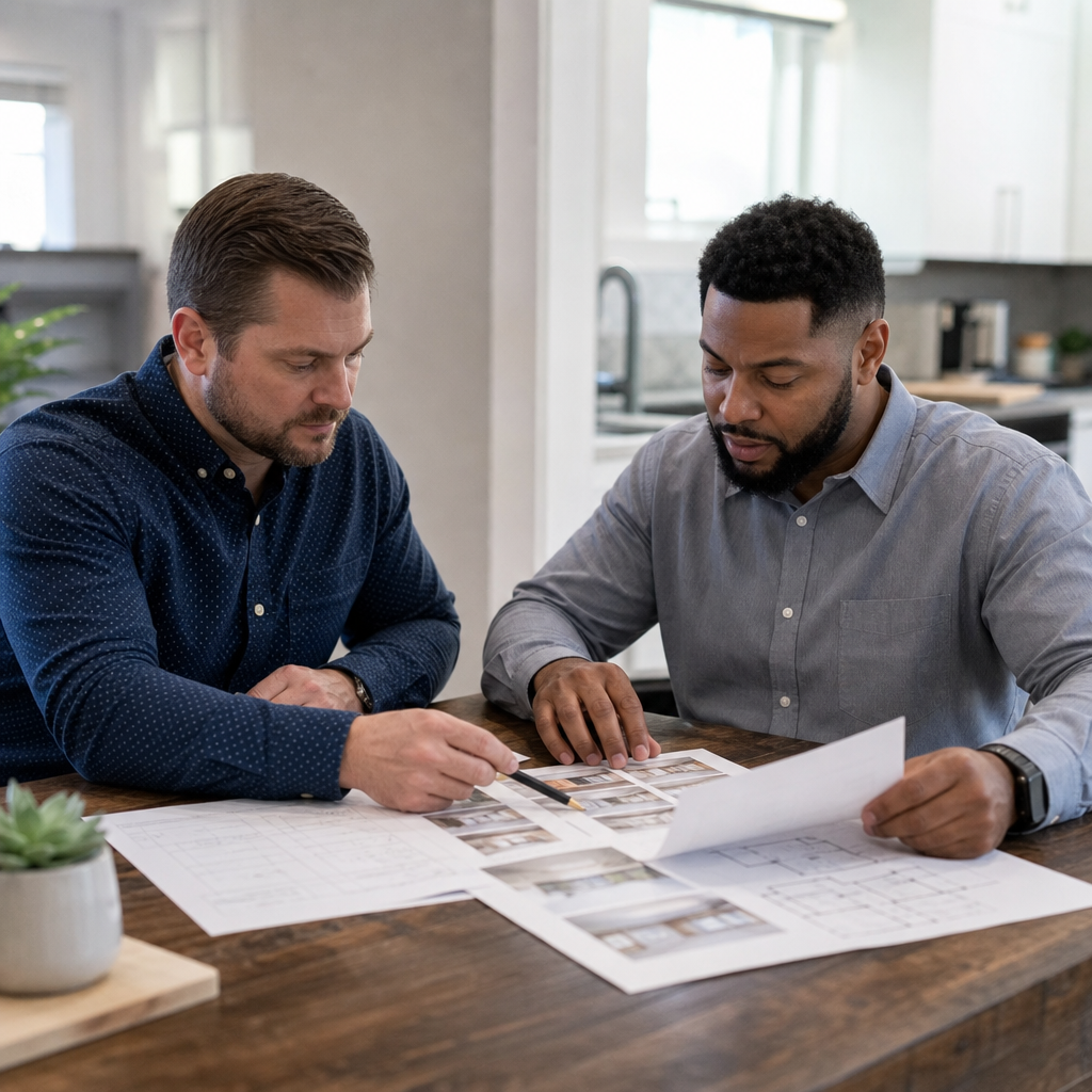 Investor and local real estate agent reviewing a printed comp sheet and repair estimate at a kitchen