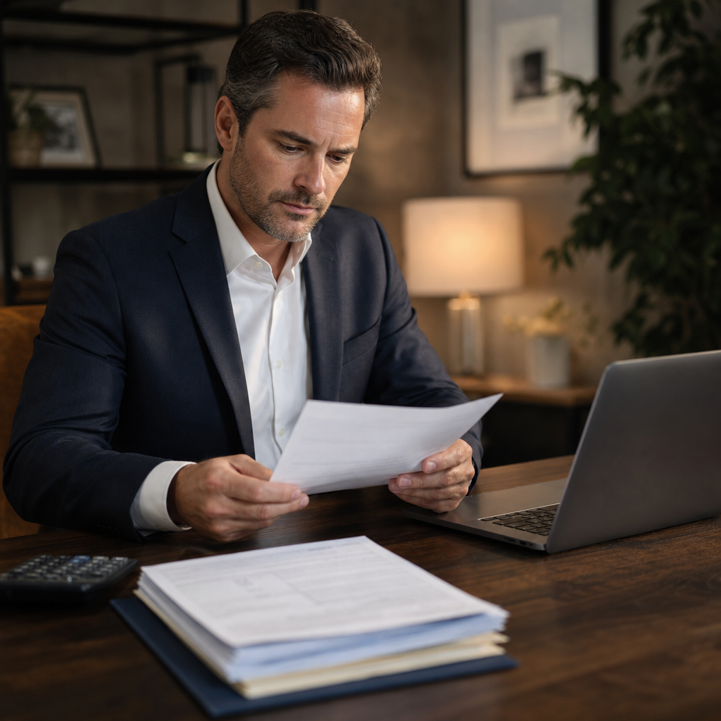 Photo realistic image of an investor reviewing hard money loan documents at a table with a laptop, t