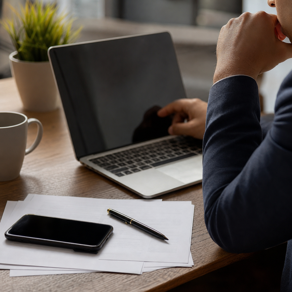 A professional close-up photo of a borrower sitting at a desk checking NMLS and North Carolina Commi