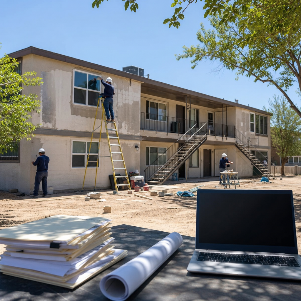 Photo realistic image of a fourplex in Tucson undergoing light exterior rehab, construction crew on
