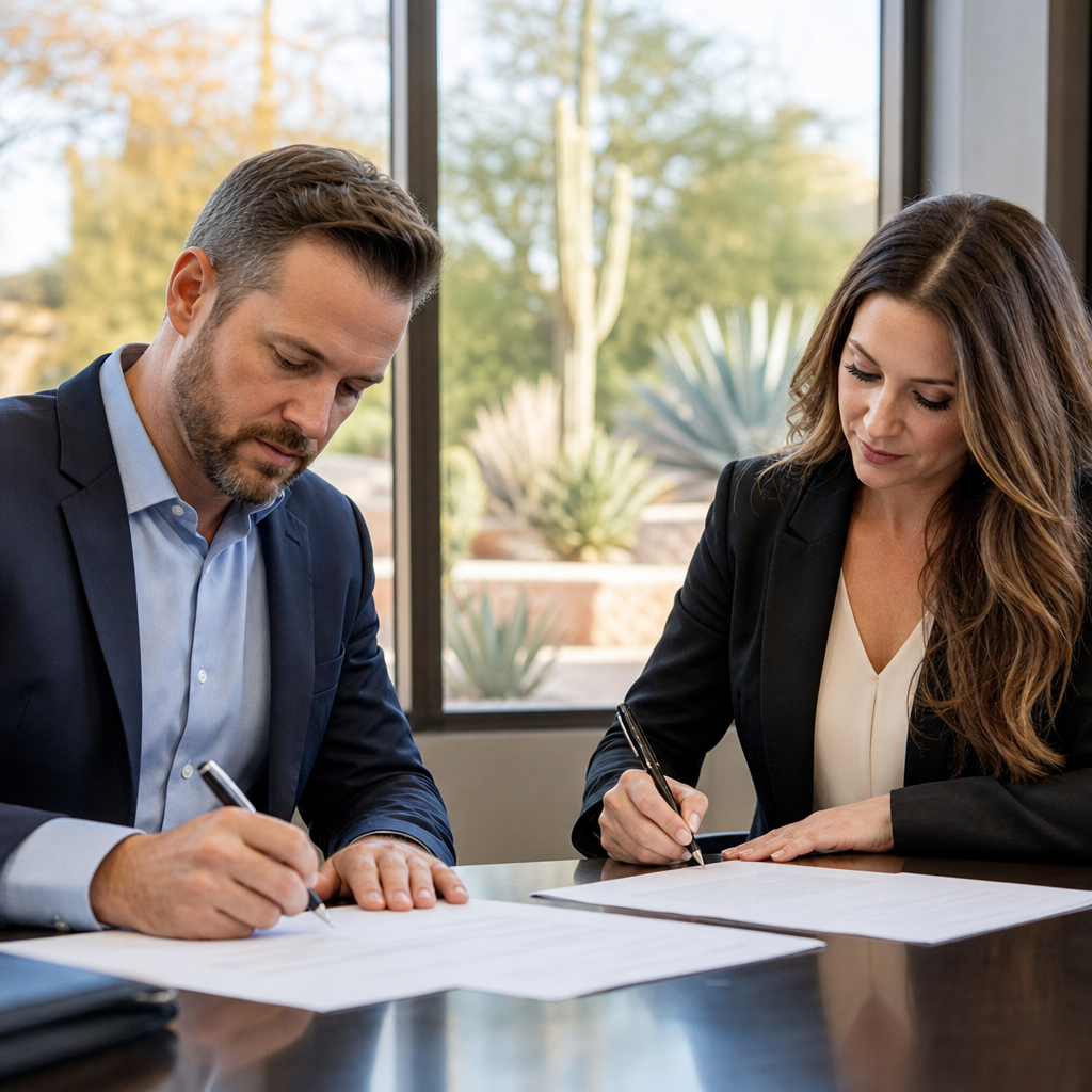 Close up photo of a real estate investor and a title agent signing closing documents at a Phoenix ti